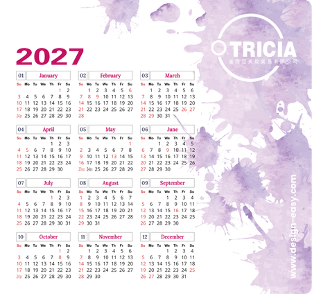 2027香港年曆卡 紫色墨痕淡雅風 calendar card-正面-年曆卡設計-Design Easy