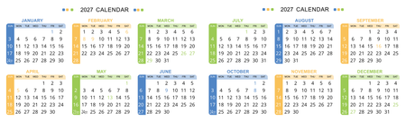 2027年香港年曆卡 壓線 白底綠藍黃紅裝飾  180mm x 54mm calendar card-正面-年曆卡設計-Design Easy