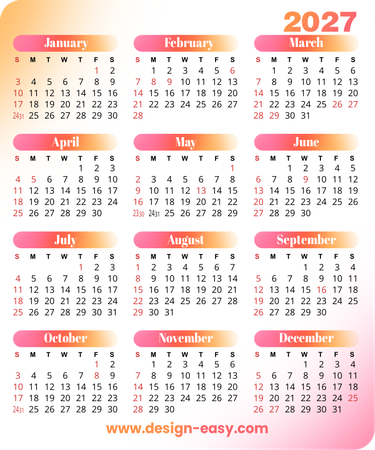 2027年曆卡 粉色橙色對角漸變 calendar card-正面-年曆卡設計-Design Easy