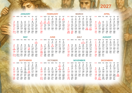 天主教-古典宗教油畫風2027日曆模板，溫暖色調-正面-年曆卡設計-Design Easy