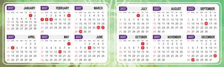 2027年曆卡 對摺卡 綠色花紋底  180mm x 54mm calendar card-正面-年曆卡設計-Design Easy