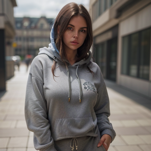 real photo, selfie,  super cute woman Canadian woman, (big grey hoodie, short grey shorts), hoodie creases, slim, large breasts, beautiful face, detailed skin texture, (blush:0.5), (goosebumps:0.5), subsurface scattering, medium brown hair, green eyes   dramatic shadows and subtle highlights, hard shadows, warm tones, soft focus, depth of field, atmospheric lens, (standing, tugging hoodie), busy street background, outside, fFaceDetail , SkinHairDetail, OverallDetail, epiCPhoto, <lora:AloeVera_Thiccness_Slider:-0.26>, <lora:breastsizeslideroffset:-0.05> <lora:epiCRealismHelper:0.5> <lora:skinup:0.7>  <lora:shirt_tug:1>