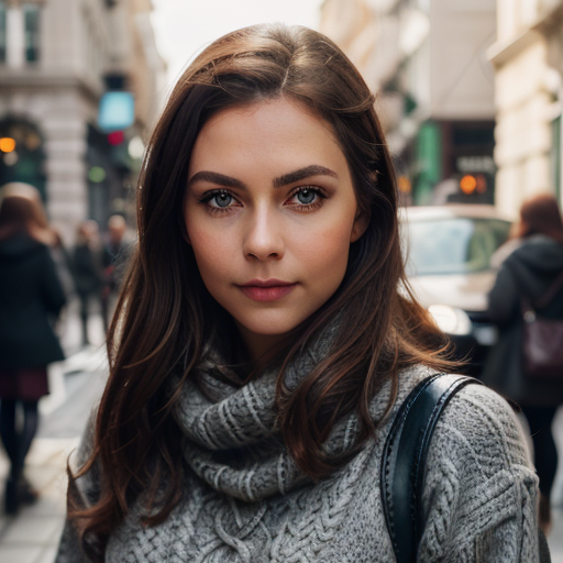 close up shot, super cute woman, grey Cable-knit sweater, leather skirt, slim, small breasts, beautiful face, detailed skin texture, (blush:0.5), (goosebumps:0.5), subsurface scattering, medium brown hair, green eyes, dramatic shadows and subtle highlights, warm tones, soft focus, depth of field, atmospheric lens, busy street background, zebra crossing, fFaceDetail , <lora:AloeVera_Thiccness_Slider:-0.7>, <lora:breastsizeslideroffset:0.43>