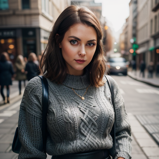close up shot, super cute woman, grey Cable-knit sweater, leather skirt, slim, small breasts, beautiful face, detailed skin texture, (blush:0.5), (goosebumps:0.5), subsurface scattering, medium brown hair, green eyes, dramatic shadows and subtle highlights, warm tones, soft focus, depth of field, atmospheric lens, busy street background, zebra crossing, fFaceDetail , <lora:AloeVera_Thiccness_Slider:-0.7>, <lora:breastsizeslideroffset:0.43>