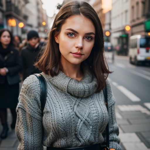 close up shot, super cute woman, grey Cable-knit sweater, leather skirt, slim, small breasts, beautiful face, detailed skin texture, (blush:0.5), (goosebumps:0.5), subsurface scattering, medium brown hair, green eyes, dramatic shadows and subtle highlights, warm tones, soft focus, depth of field, atmospheric lens, busy street background, zebra crossing, fFaceDetail , <lora:AloeVera_Thiccness_Slider:-0.7>, <lora:breastsizeslideroffset:0.43>
