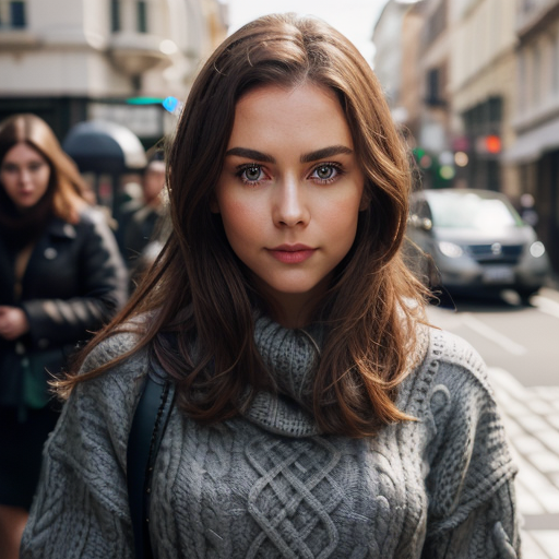 close up shot, super cute woman, grey Cable-knit sweater, leather skirt, slim, small breasts, beautiful face, detailed skin texture, (blush:0.5), (goosebumps:0.5), subsurface scattering, medium brown hair, green eyes, dramatic shadows and subtle highlights, warm tones, soft focus, depth of field, atmospheric lens, busy street background, zebra crossing, fFaceDetail , <lora:AloeVera_Thiccness_Slider:-0.7>, <lora:breastsizeslideroffset:0.43>