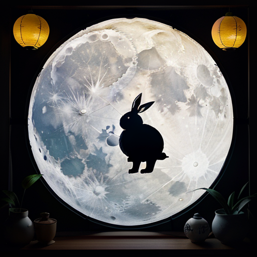 Create a Mid-Autumn Festival window sticker image with a animated style that includes moon, rabbit and lantern elements. Precise details, no words.