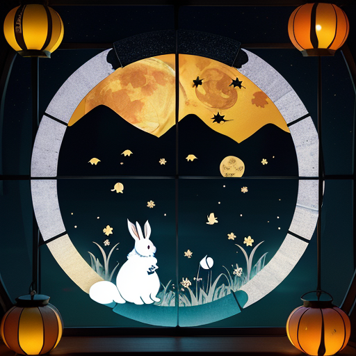 Create a Mid-Autumn Festival window sticker image with a animated style that includes moon, rabbit and lantern elements. Precise details, no words.