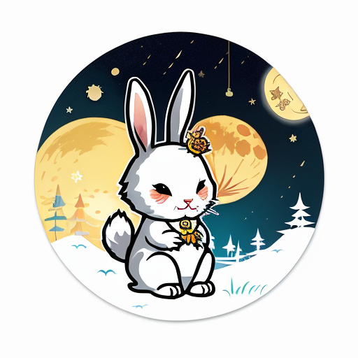 Create a Mid-Autumn Festival sticker image with a animated style that includes moon, rabbit and lantern elements. Precise details, no words.