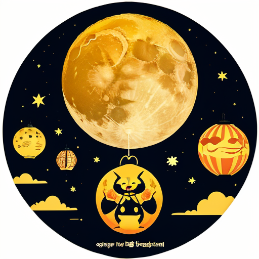 Create a Mid-Autumn Festival sticker image with a animated style that includes moon, rabbit and lantern elements. Precise details, no words.