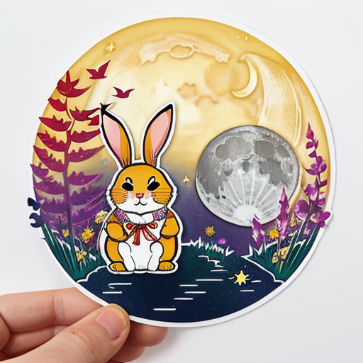 Create a Mid-Autumn Festival sticker image with a animated style that includes moon, rabbit and lantern elements. Precise details, no words.