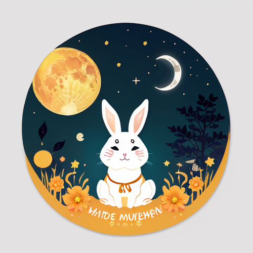 Create a Mid-Autumn Festival sticker image with a animated style that includes moon, rabbit and lantern elements. Precise details, no words.