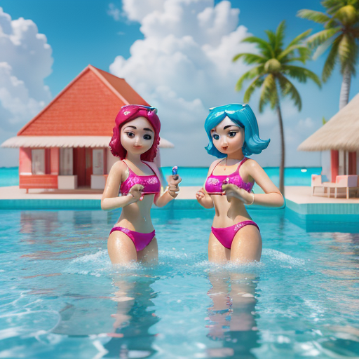 two Girls of sunshine trend, Blind box style, pop mart, playful character design,Maldives, Swimming pool, hyper-realistic water, uhd image, octane render, C4D, 8K