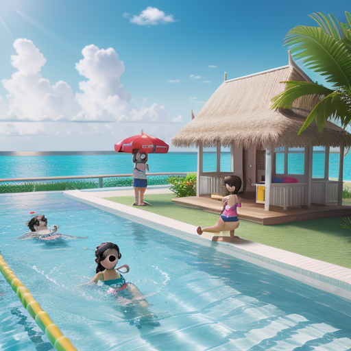 two Girls of sunshine trend, Blind box style, pop mart, playful character design,Maldives, Swimming pool, hyper-realistic water, uhd image, octane render, C4D, 8K