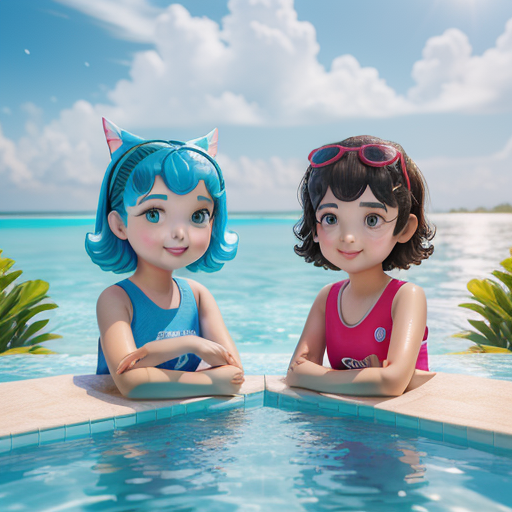 two Girls of sunshine trend, Blind box style, pop mart, playful character design,Maldives, Swimming pool, hyper-realistic water, uhd image, octane render, C4D, 8K