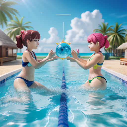 two Girls of sunshine trend, Blind box style, pop mart, playful character design,Maldives, Swimming pool, hyper-realistic water, uhd image, octane render, C4D, 8K