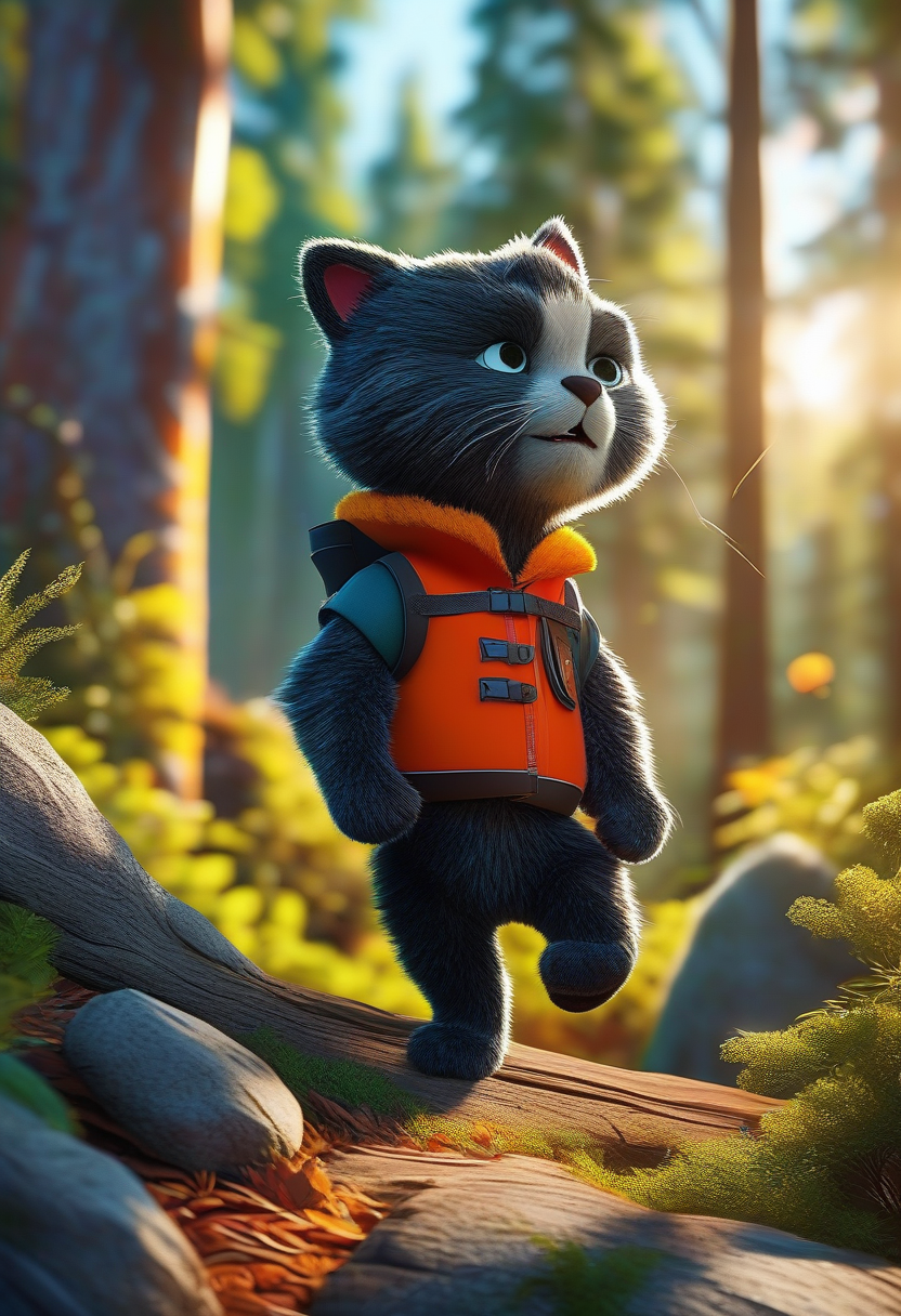 Cat Bear. The expression is serious. Forest background. Ultra-realistic rendering, high-angle shooting, bright colors, Disney 3D cartoon style, direct sunlight, wide-angle lens, dynamic capture, bright colors, harmonious and natural.
