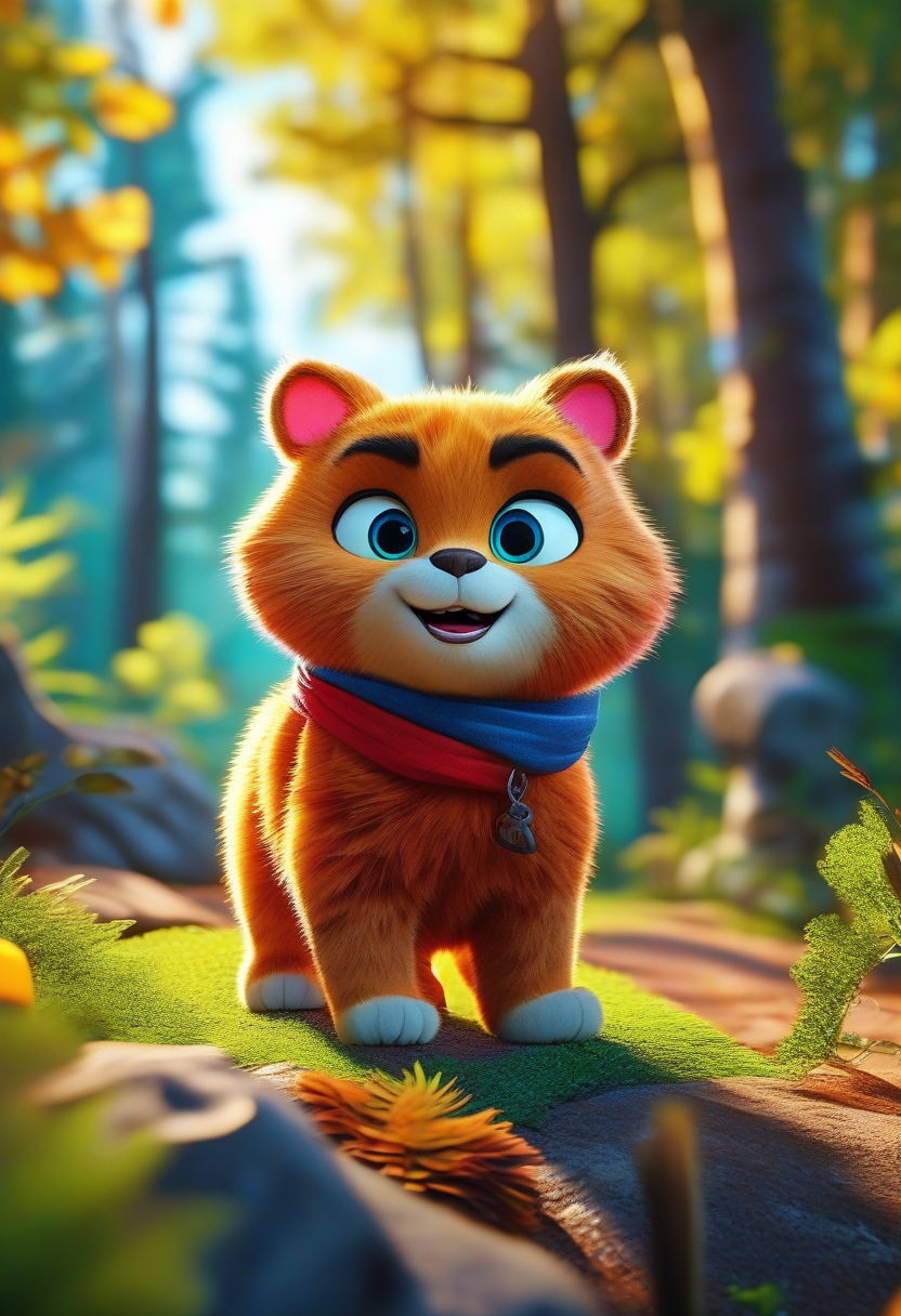 Cat Bear. The expression is serious. Forest background. Ultra-realistic rendering, high-angle shooting, bright colors, Disney 3D cartoon style, direct sunlight, wide-angle lens, dynamic capture, bright colors, harmonious and natural.