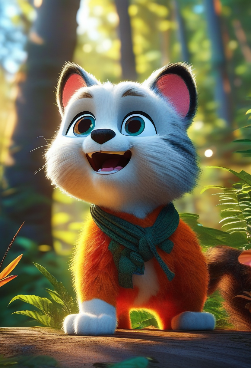 Cat Bear. The expression is serious. Forest background. Ultra-realistic rendering, high-angle shooting, bright colors, Disney 3D cartoon style, direct sunlight, wide-angle lens, dynamic capture, bright colors, harmonious and natural.