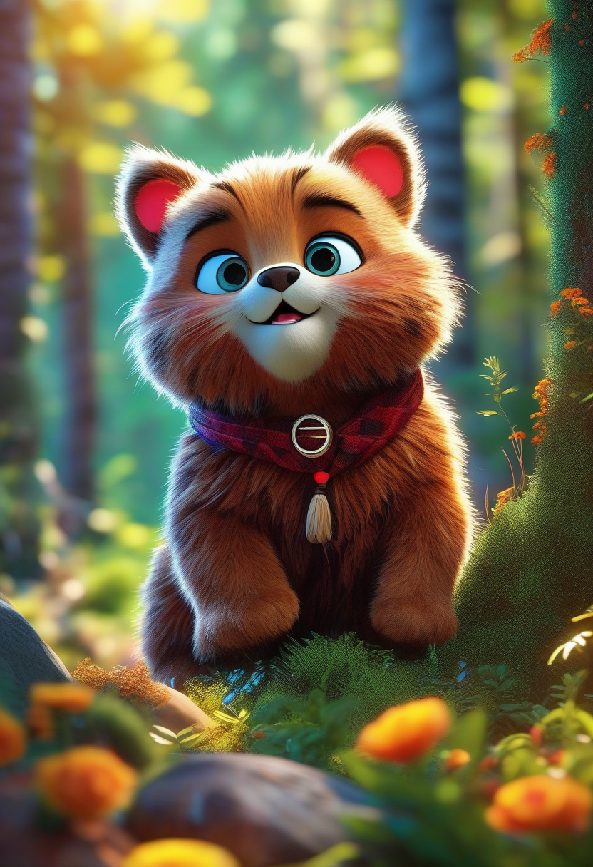 Cat Bear. The expression is serious. Forest background. Ultra-realistic rendering, high-angle shooting, bright colors, Disney 3D cartoon style, direct sunlight, wide-angle lens, dynamic capture, bright colors, harmonious and natural.