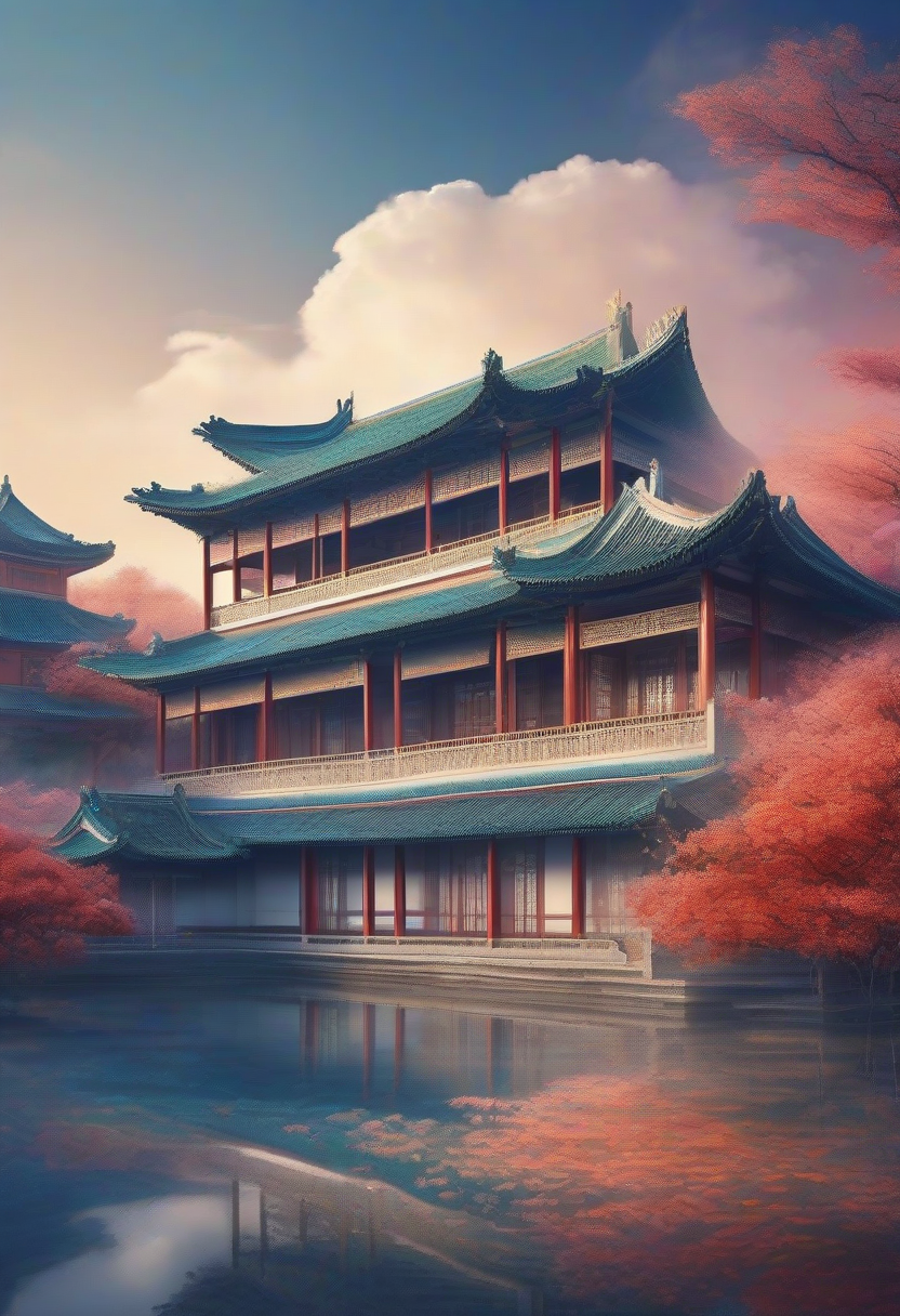 Minimalist style, pointillism technique, 3D rendering of Song-style palace, surrounded by auspicious clouds, elegant colors, Gaussian blur background, motion blur effect, Chen Jialing's artistic style, large areas of white space, colorful light and shadow, internal glow effects, and quiet atmosphere.