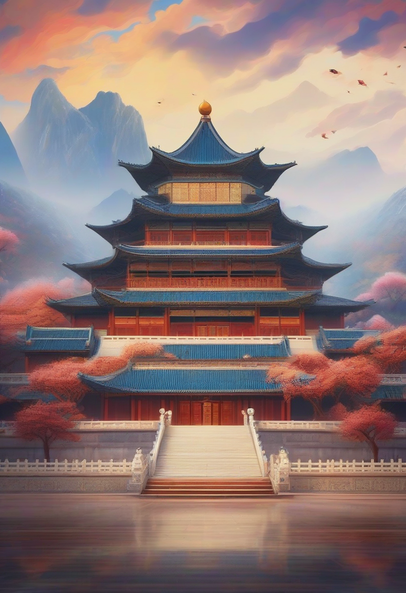 Minimalist style, pointillism technique, 3D rendering of Song-style palace, surrounded by auspicious clouds, elegant colors, Gaussian blur background, motion blur effect, Chen Jialing's artistic style, large areas of white space, colorful light and shadow, internal glow effects, and quiet atmosphere.