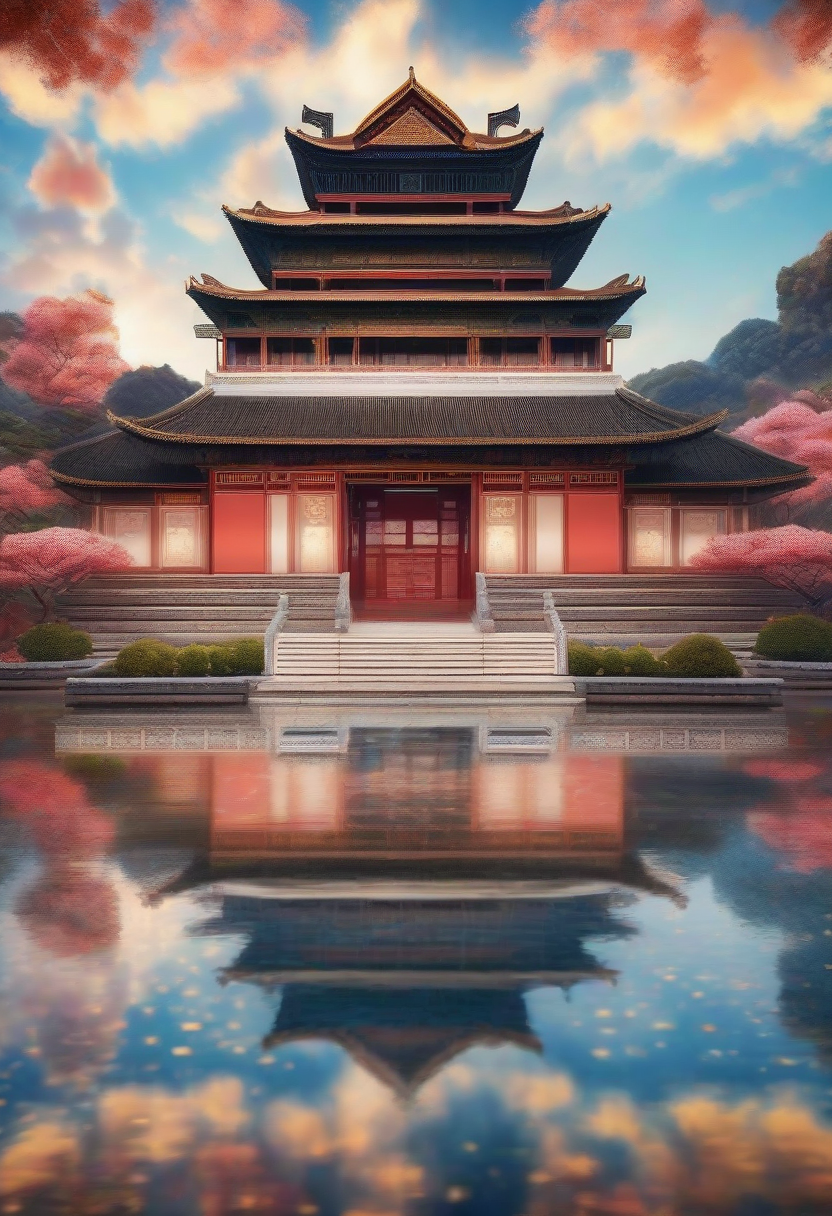 Minimalist style, pointillism technique, 3D rendering of Song-style palace, surrounded by auspicious clouds, elegant colors, Gaussian blur background, motion blur effect, Chen Jialing's artistic style, large areas of white space, colorful light and shadow, internal glow effects, and quiet atmosphere.