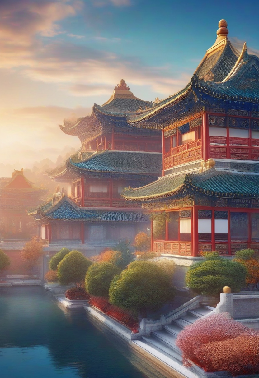 Minimalist style, pointillism technique, 3D rendering of Song-style palace, surrounded by auspicious clouds, elegant colors, Gaussian blur background, motion blur effect, Chen Jialing's artistic style, large areas of white space, colorful light and shadow, internal glow effects, and quiet atmosphere.
